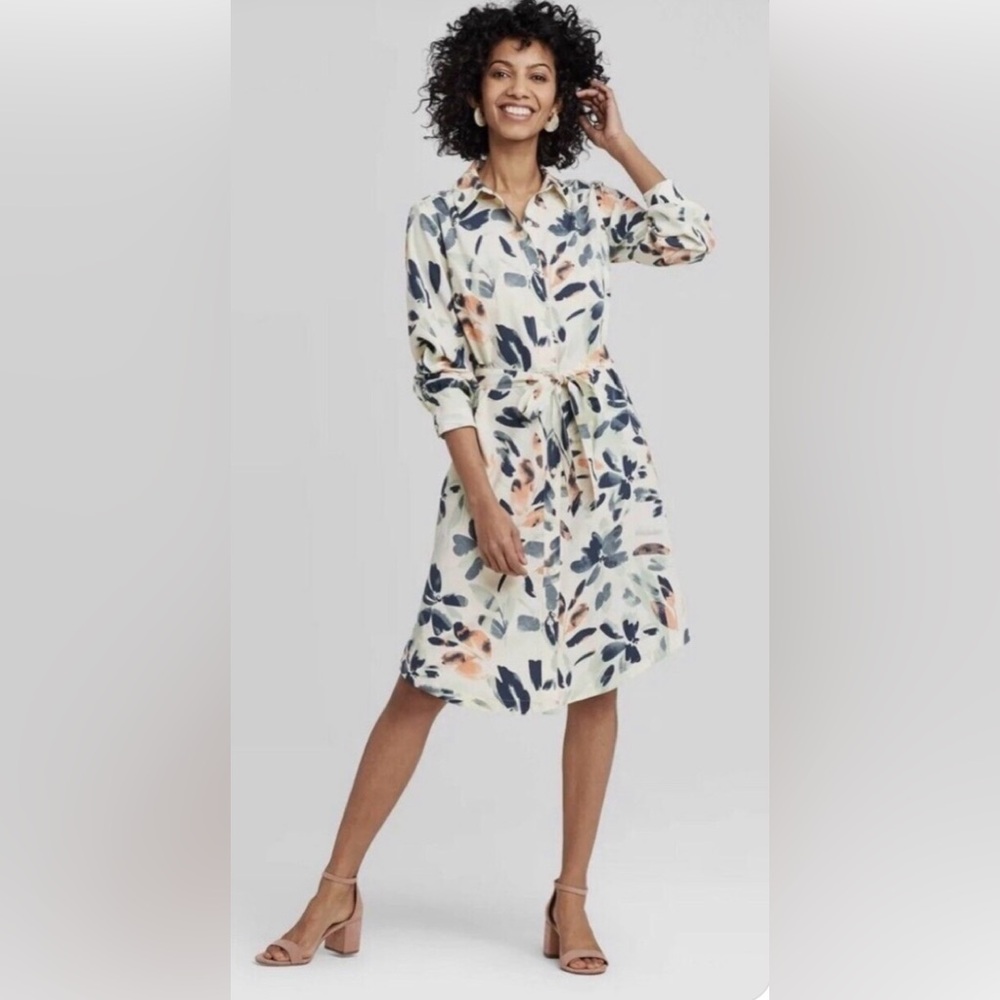 a new day Cream Floral Tie-Waist Midi Dress with Navy and Peach Accents